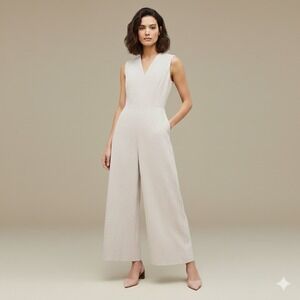 MM LaFleur Womens Jumpsuit Beige V Neck Wide Leg Sleeveless Size 0P